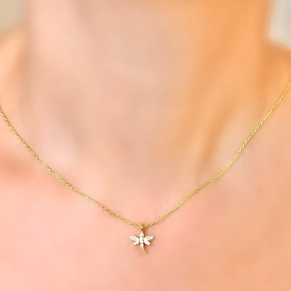 Sterling Silver Tiny Dragonfly Pendant Dainty Necklace, Gold